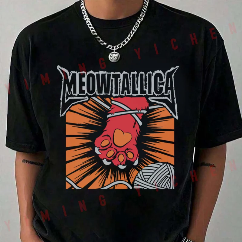 

Rock Music Funny Cat Meowtallica Cat T-Shirt Moto Riders Summer Men's Fashion Casual O-Neck Tops Tee 2026