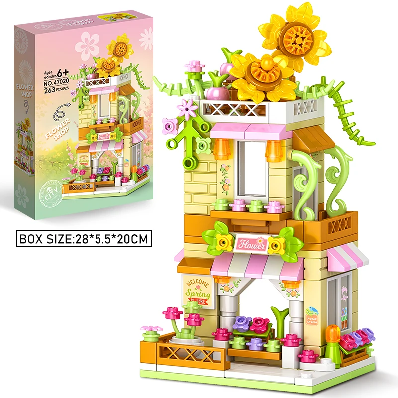 City Building Blocks Flower Shop Sunflower Store House Model Set Desktop Decor Kids DIY Toys Christmas Birthday Gift