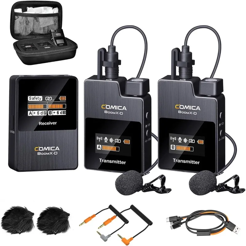 Wireless Lavalier Microphone, D2 2.4G Compact Wireless Lavalier Microphone System with 2 Transmitters and 1 Receiver