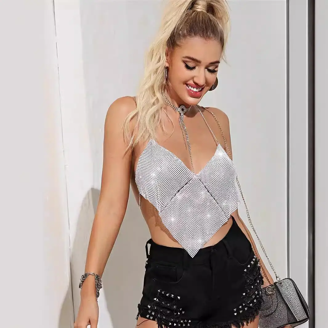 

Women's Low Cut Bal Sparkling Diamond Chain Sling Vest Glittering Leather ter Ne Clubwear iny Inner Wear Top