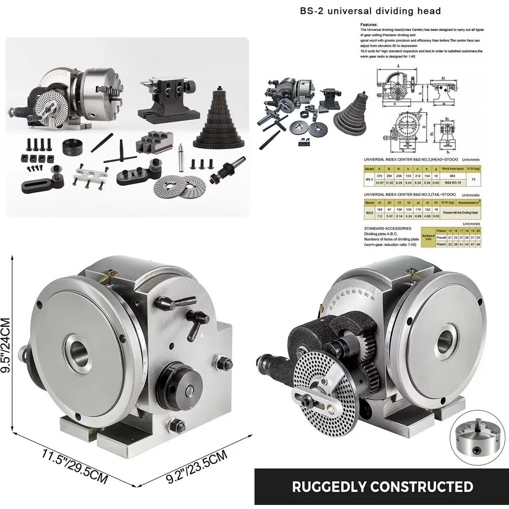 

BS-2 Precision Universal Indexing Head with 8 Inch 200 mm 3-Jaw Lathe Chuck and Tailstock for Drilling Milling and Lathe