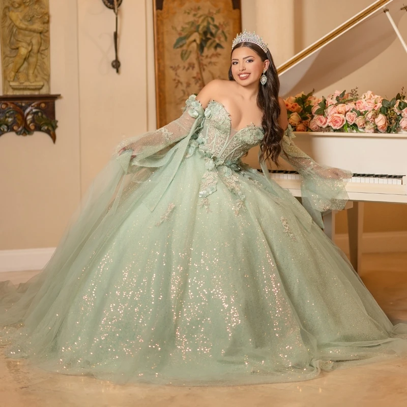 

Sage Green Shiny Princess Quinceanera Dresses Glitter Off The Shoulder Party Birthday Beaded Applique Lace Sweet 16 Dress vestid