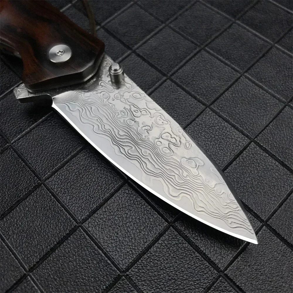 High Qualtiy Folding Knife Damascus Steel Knife Wood Handle EDC Outdoor Knife Tactical Tool Self-defense Combat Gift Sheath