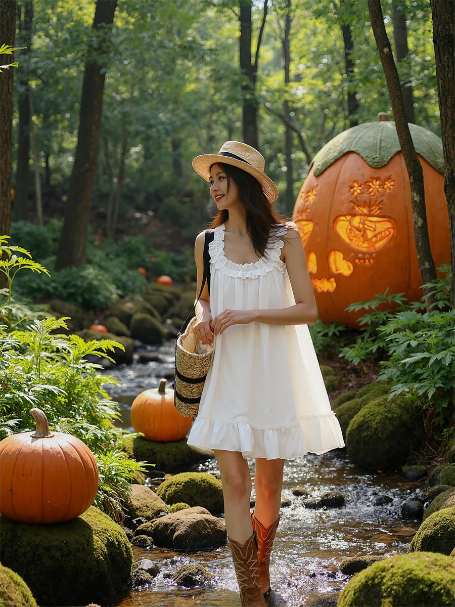 Women's Elegant White Evening Dress Loose Mini Pleated Floral Design Temperament Square Neck Round-Neck All-Match Peplum Shiny