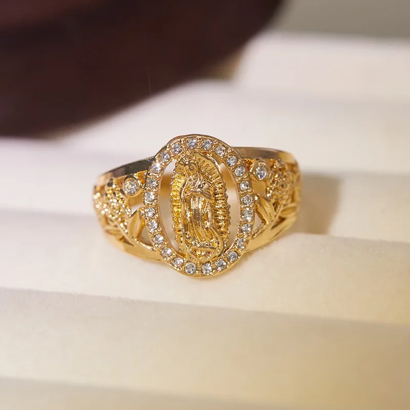 Classic Hip Hop Punk Gold Color Skeleton Flower Oval Mary Portrait Ring Unisex Fashion Party Jewelry Accessories