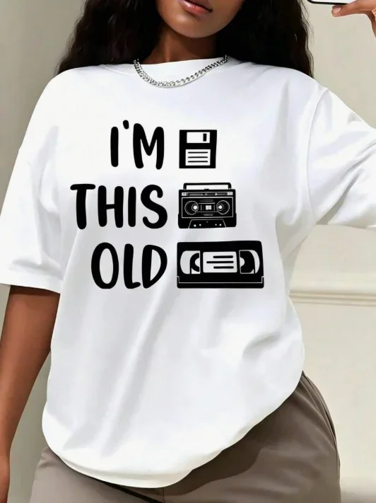 2026 New Women Autumn Winter Oversized Funny Retro I'm This Old Graphic T Shirt Vintage Cassette Floppy Disk And VHS 90s Design Casual Basic Top T Shirt
