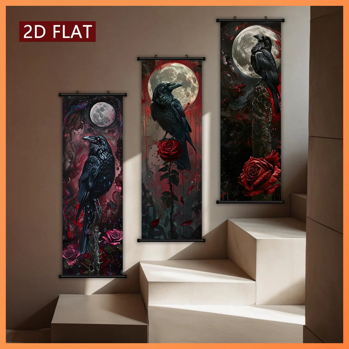 VIKAMA Gothic Raven Crow Full Moon Rose 3 Piece Wall Scroll Tapestry Set Dark Wall Art Decor for Living Room Bedroom