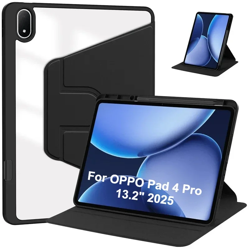 

Чехол для OPPO Pad 4 Pro 13,2 дюйма 2025 OPD2409, акриловый чехол с вращающейся на 360 градусов подставкой, чехол для планшета Pad4 Pro, держатель для карандашей, прозрачная задняя крышка