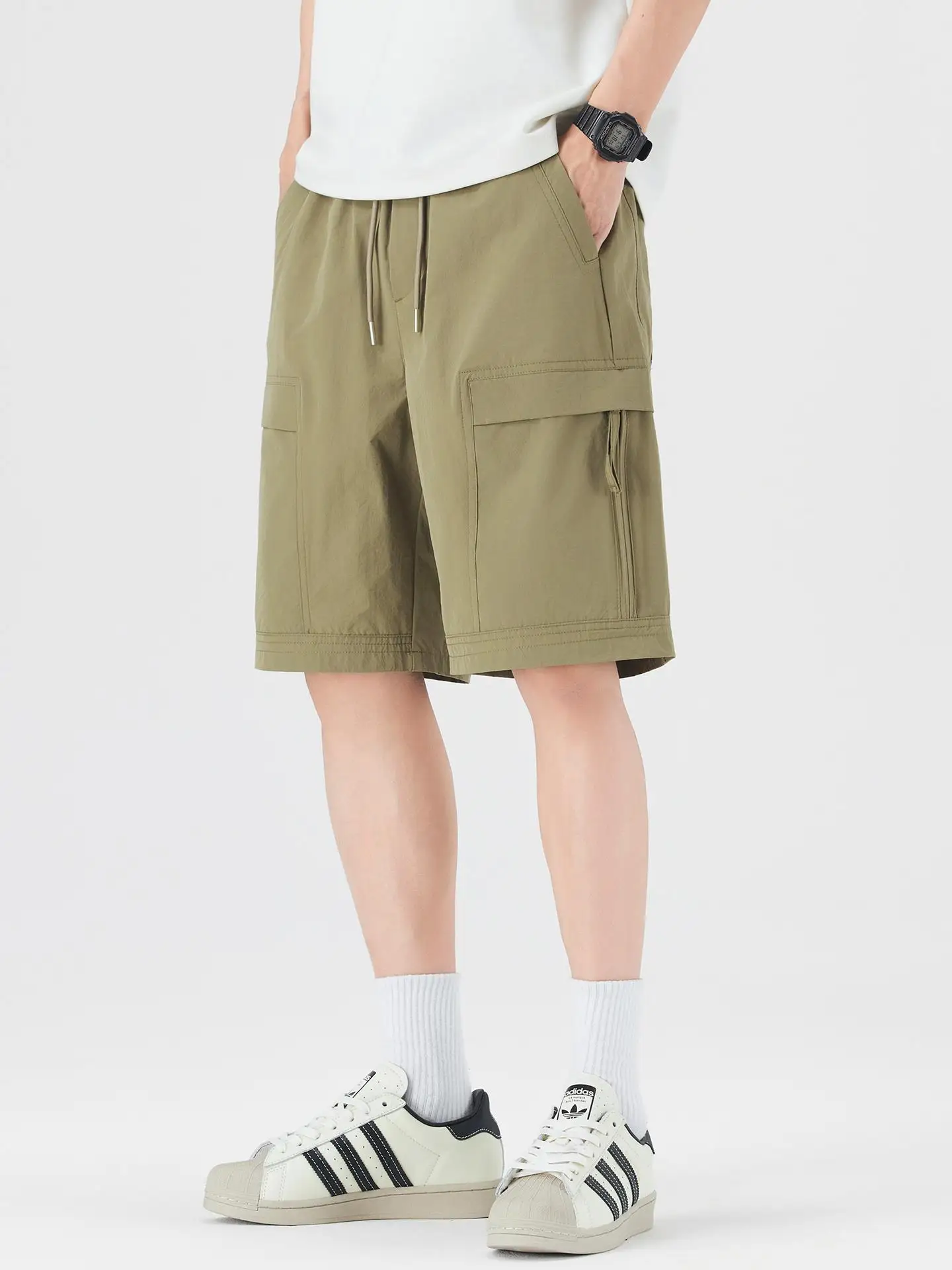 

Summer Thin Workwear orts Men's Loose Qui Dry Ice Silk Casual Five-Quarter Pants Trendy Breathable Polyester Fiber Youth