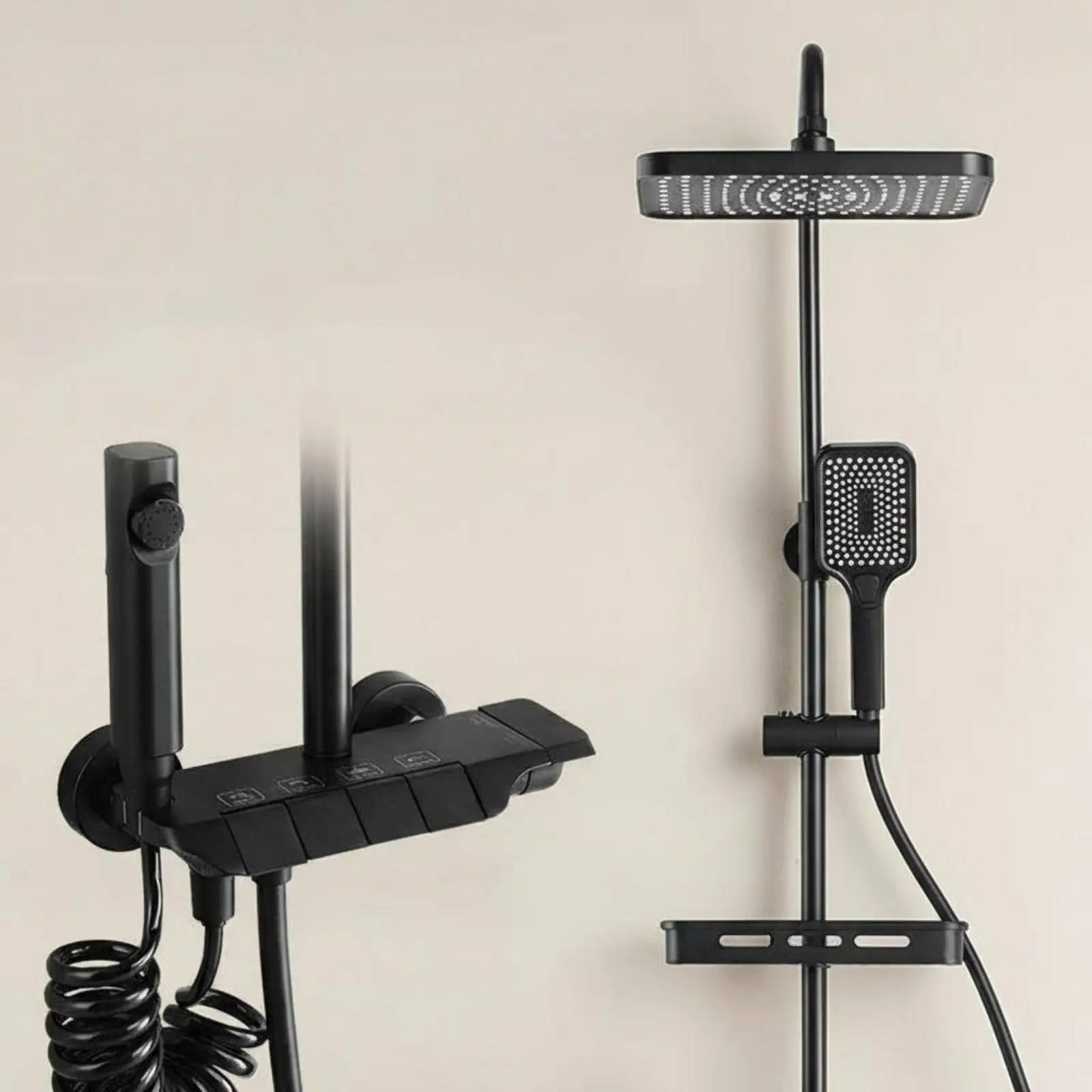 مجموعة صنبور دش الأمطار، نحاس قوي، ضغط عالي، أسود غير لامع، متعدد الوظائف، مثبت على الحائط، ملحقات الحمام