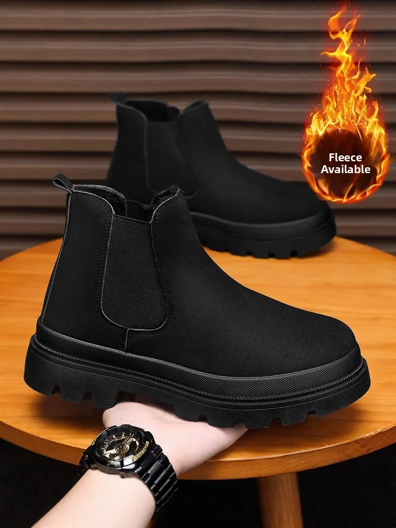 

Men's Winter Warm Fleece Lined Chelsea Boots Boots Vintage Leather Shoes British Style Low Heel round Toe Soft Comfort...