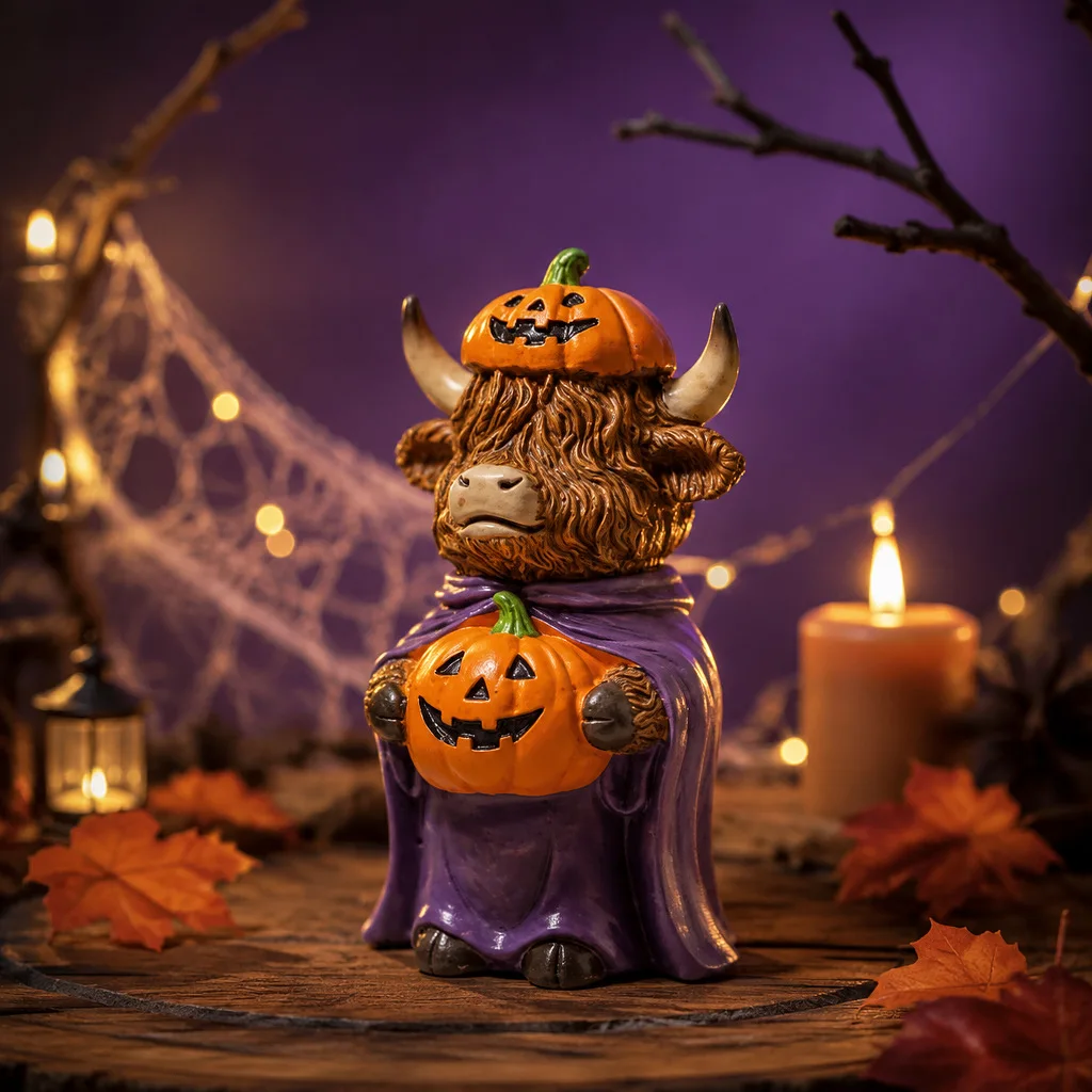 Halloween Highland Cow Statues with Pumpkin Hat Ornaments Garden Courtyard Home Desk Decorations Resin Crafts