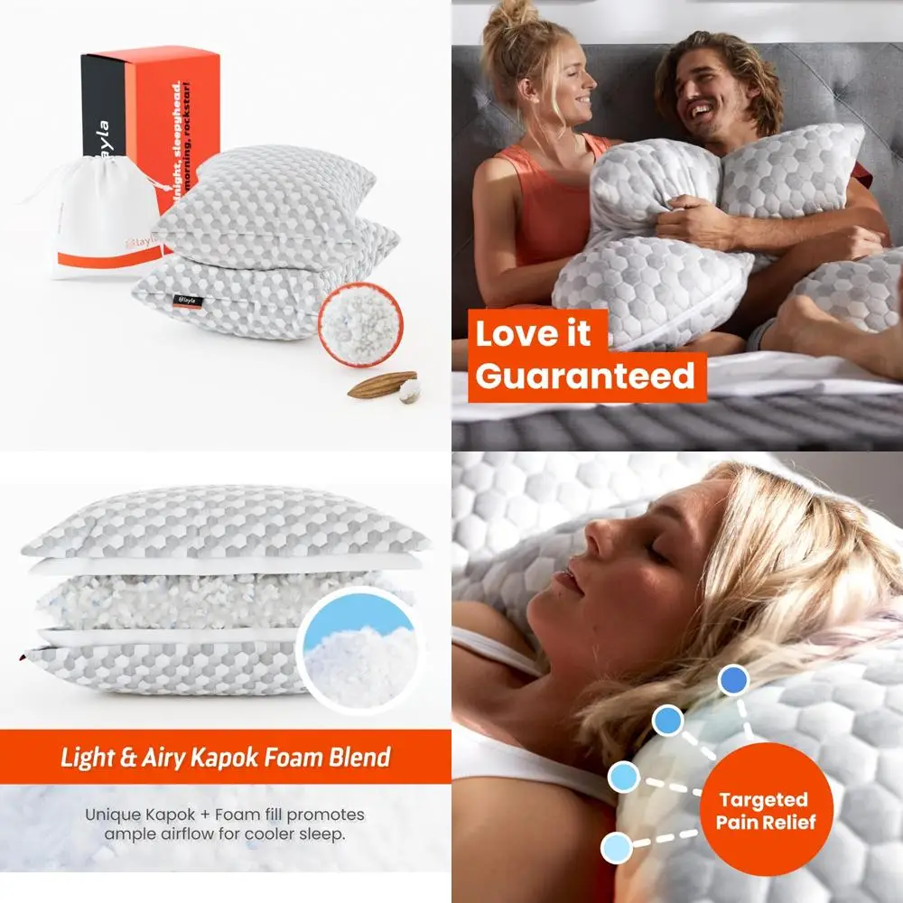 

Layla Sleep Adjustable Kapok Pillows, Luxury Cooling Pillow Set of 2, Queen Size, Head and Neck Support, Fully Adjustable