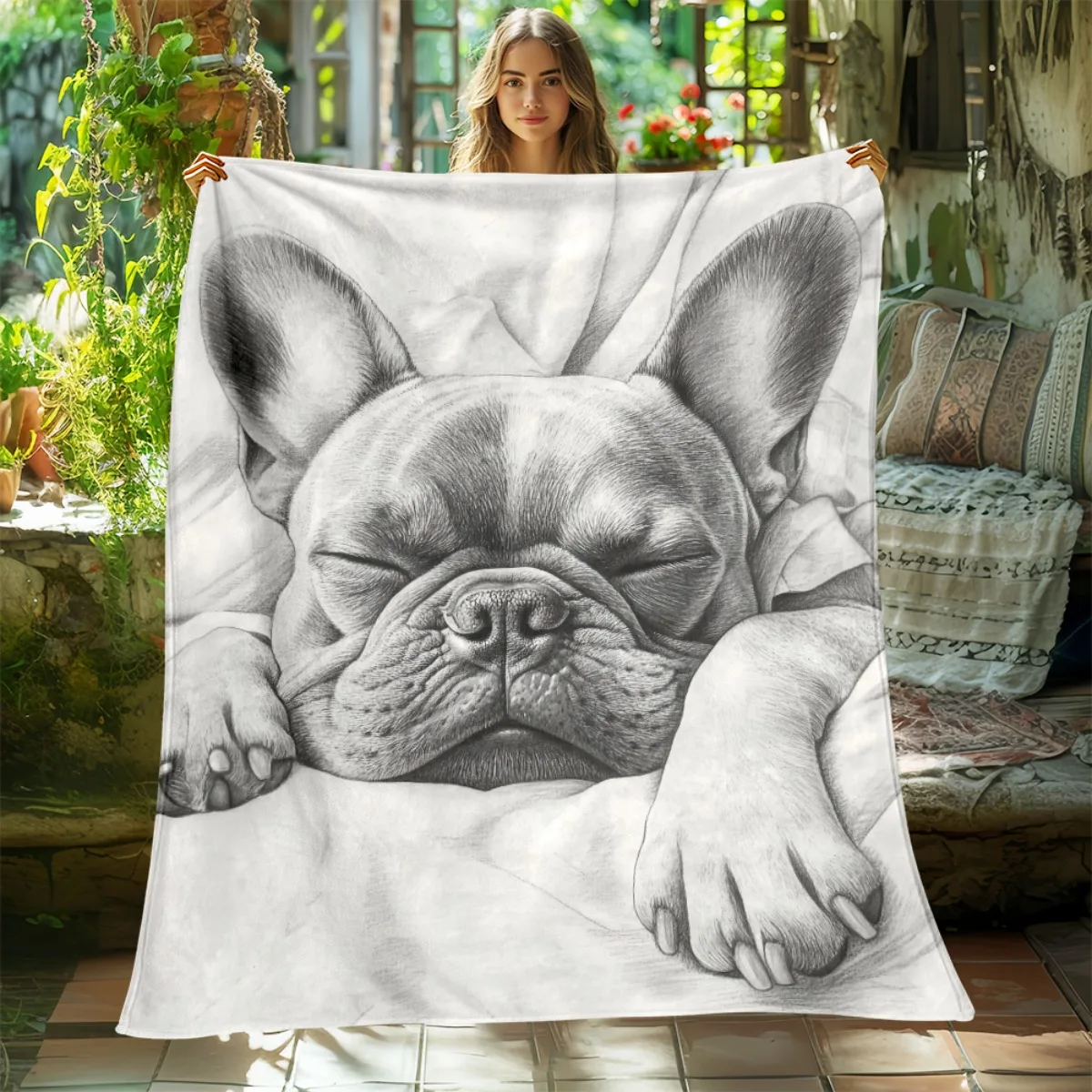 Cozy French Bulldog Drawing Throw Blanket for Pet Lovers Decor Polyester Lap Blanket Gift for Dog Owners Home Accent
