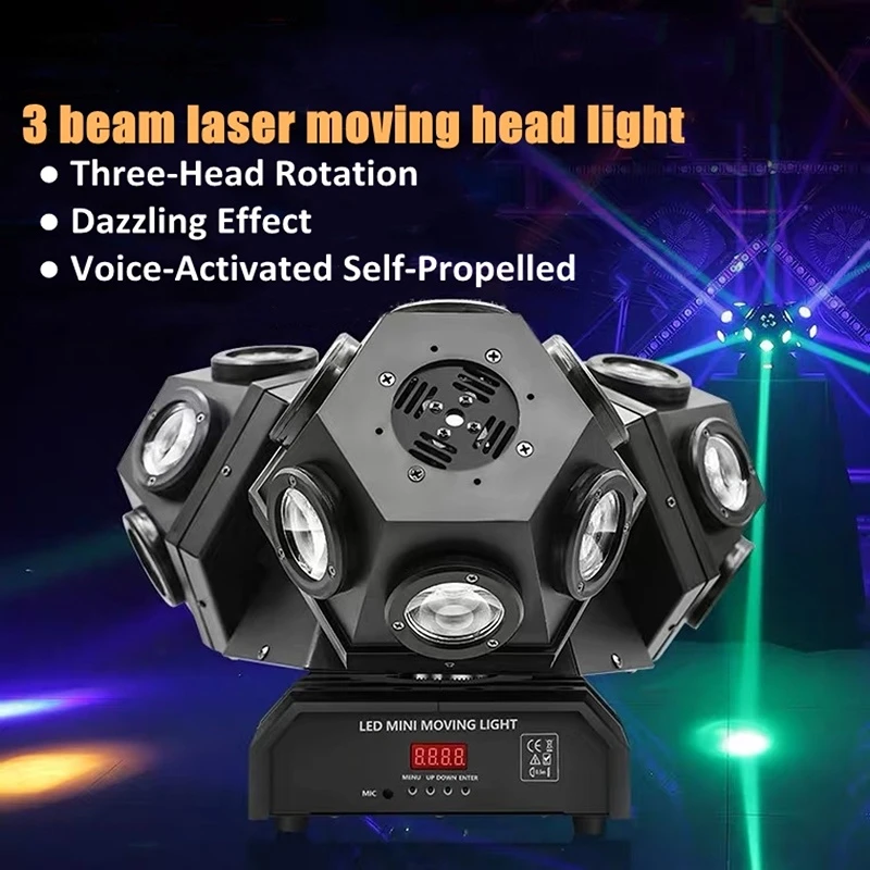 RGBW LED Moving Head Light, 3 Cabeças Feixe com Laser RGB, Palco Iluminação Projetor, DMX DJ Disco Bar Luzes Do Partido, 4in 1, 18x10W