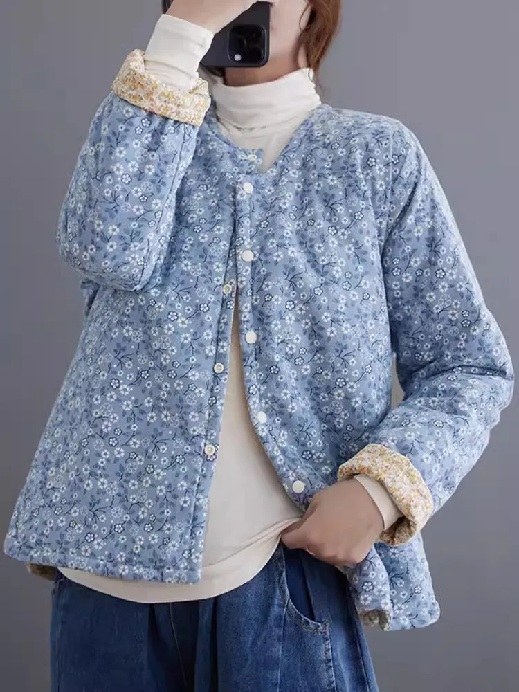 Vintage floral impressão feminina algodão-acolchoado outerwear parkas 2024 novo outono inverno idade-reduzido quente térmico acolchoado casaco curto