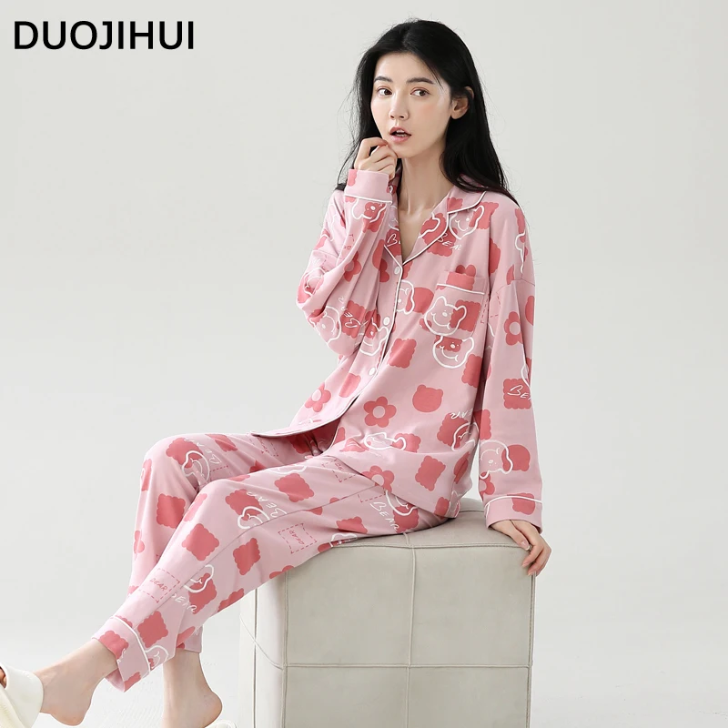 DUOJIHUI Contrast Color Chic Printing Pajamas for Women Long Sleeve Cardigan Basic Loose Pant Casual Fashion Female Pajamas Set