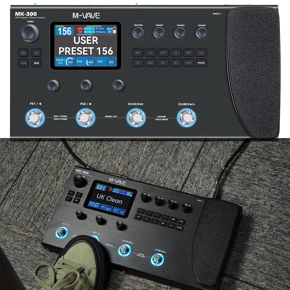 

M-VAVE Black MK-300 Professional Multi-Effects Pedal - 11 Modules 120 AMP/CAB Models Bluetooth MIDI OTG Recording 10H Battery