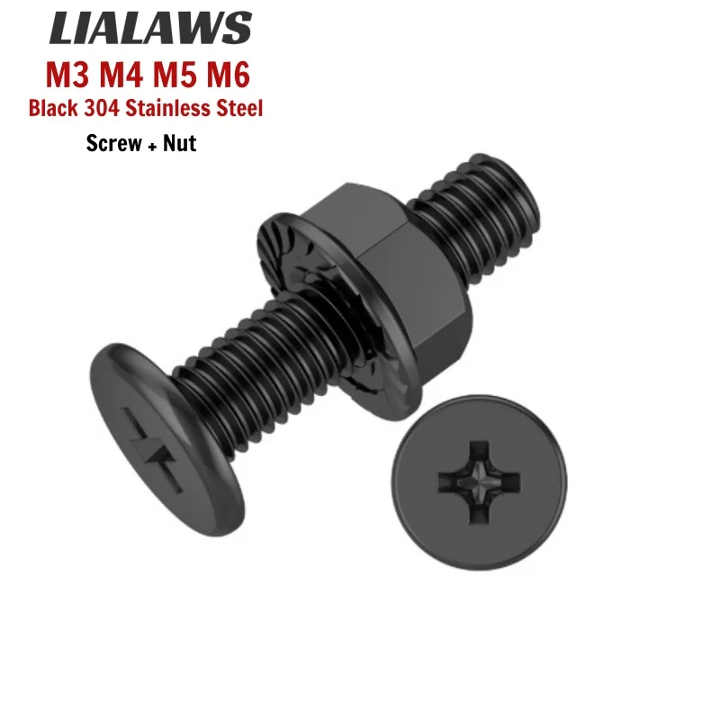 Black 304 A2 Stainless Steel Ultra Thin Wafer Flat Head Phillips Screw with Serrated Flange Nut Set M3 M4 M5 M6 Low Profile Bolt