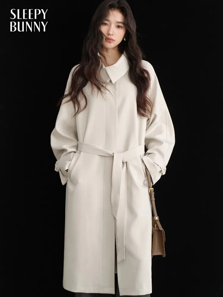 Women Elegant Trench Coat Lapel Oversized Spring Long Belted Waist Casual Windbreaker Overcoat Stylish Streetwear Chic for Lady