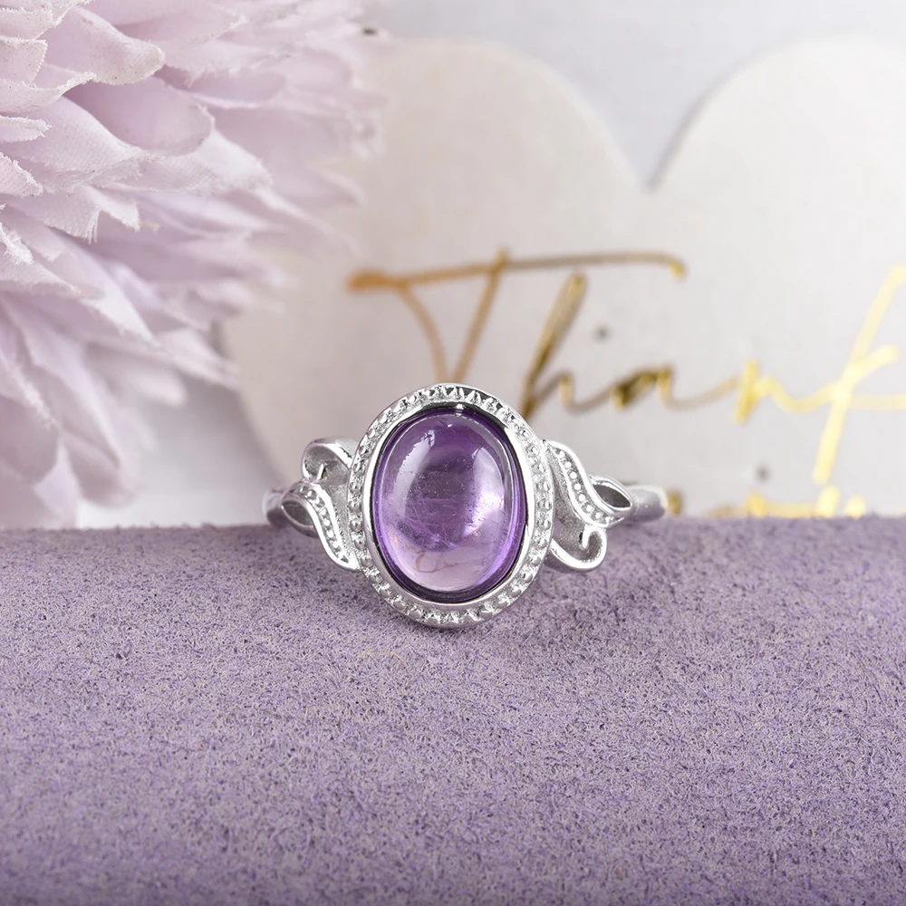 ITSMOS Amethyst Stone Ring Genuine Oval Cabochon Ring Bands Crystal Gemstone Jewelry Statement Ring For Women Birthstone Gift