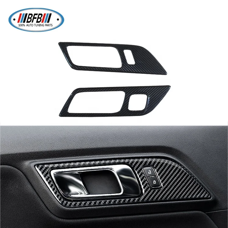 RHD Carbon Fiber Car Door inner Handles Cover Door Bowl Cover with seat memory buttons cutout For Ford Mustang Door Trim Panel