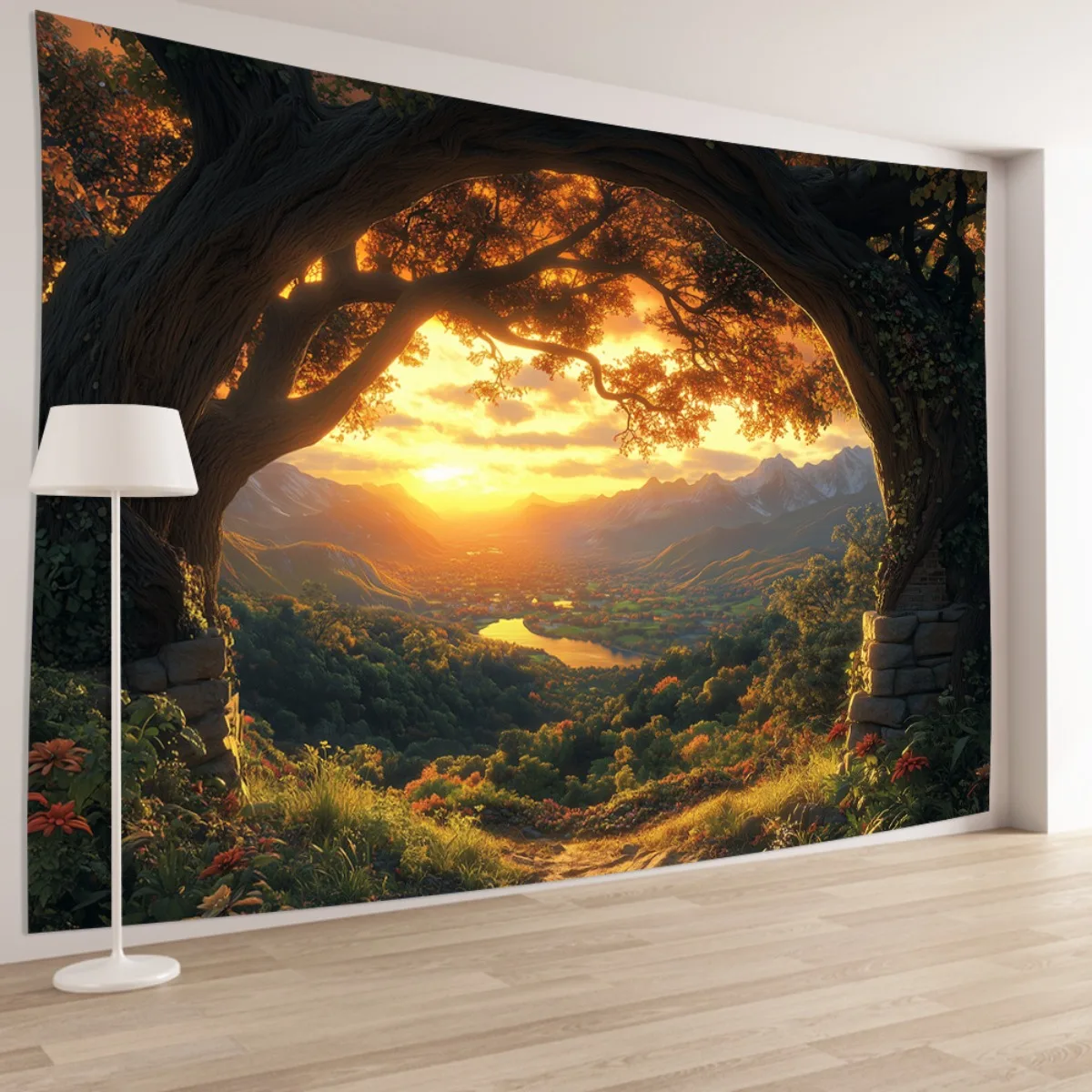 1pc Tree Archway Wall Tapestry - Large Tree Arch with Greenery & Golden Foliage Forest Scene, Hanging (No Feathers/Pins) for Wed