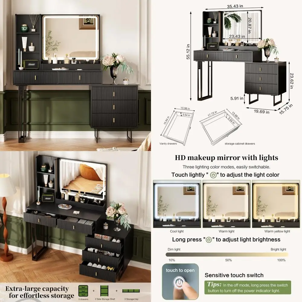 

Elegant Vanity Desk with 3-Color Touchscreen Mirror and Built-In Charging Station, Sleek Retractable Makeup Dressing Table