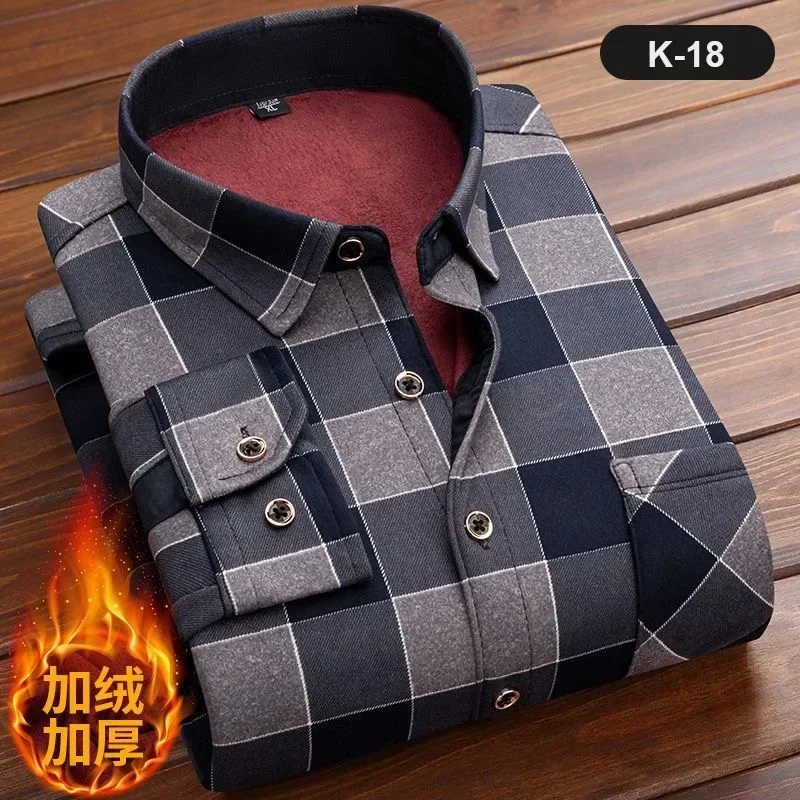 

2023 Autumn and Winter New Men's Classic Fashion Wild Plaid Long-Sleeved Shirt Men's Plus Velvet Thick Warm High-Quality Shirt