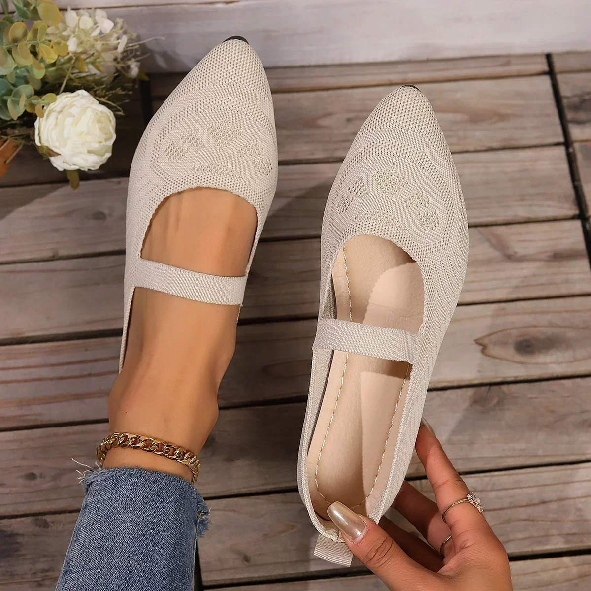 Women Pointed Toe Flat Shoes Solid Color Knitted Shoes Casual Breathable Ballet Flats Women Loafers Zapatos Mujer 2024 Tendencia