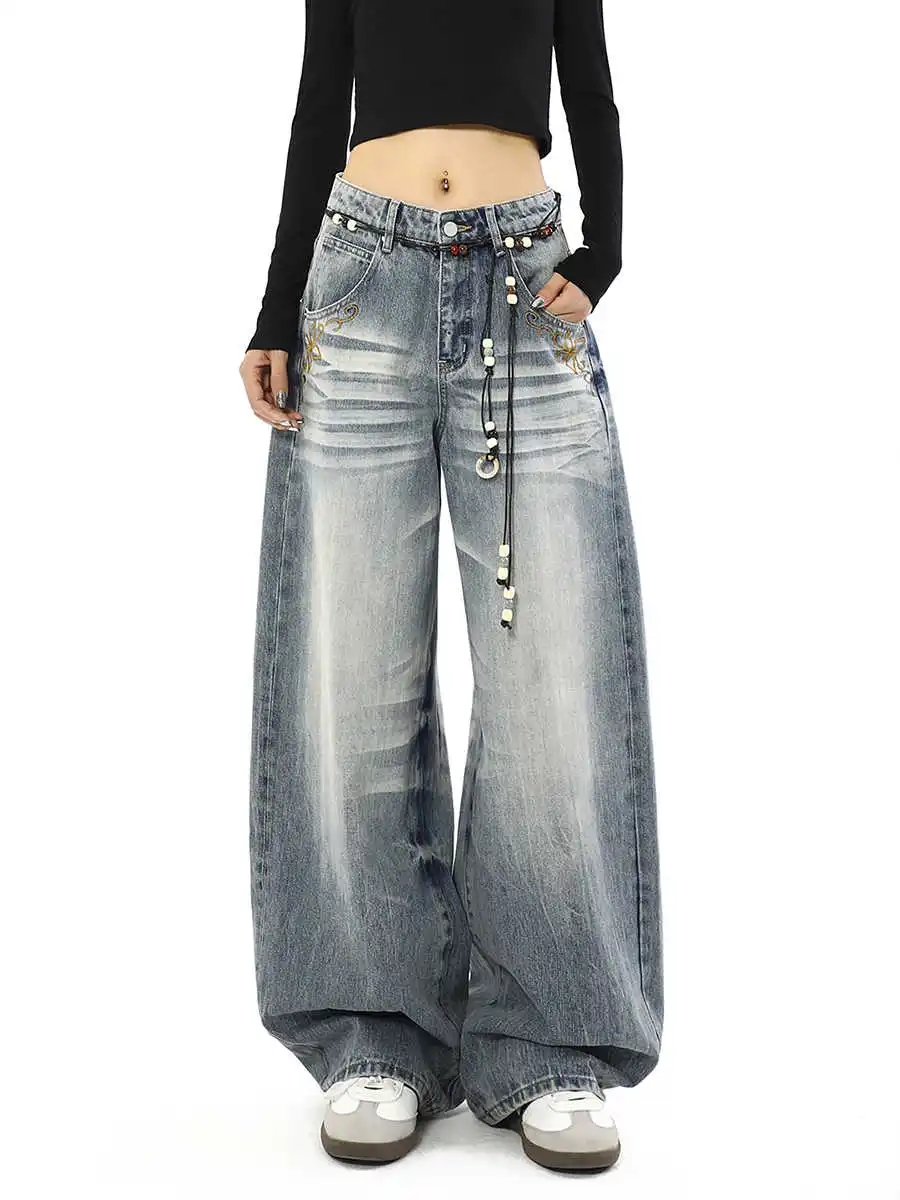Damen Baggy Wide Fit Jeans Herren Denim Hose Stickerei American Retro High Street Y2K Japanisch Harajuku Wide Fit Cowboy Grunge