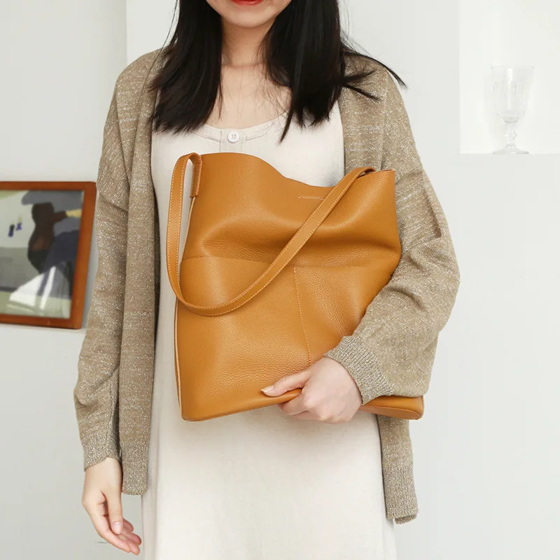 ALA Rising|Soft Genuine Leather Bucket Tote Bag Large Capacity Office Lady Bags High Quality Unique Design Bags