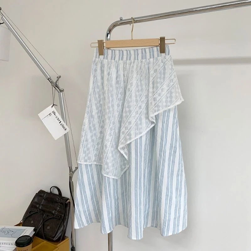 

2026 New Fake Two-piece Lace Splicing Plaid Japanese Skirt Blue Plaid Versatile Mori Long Skirt