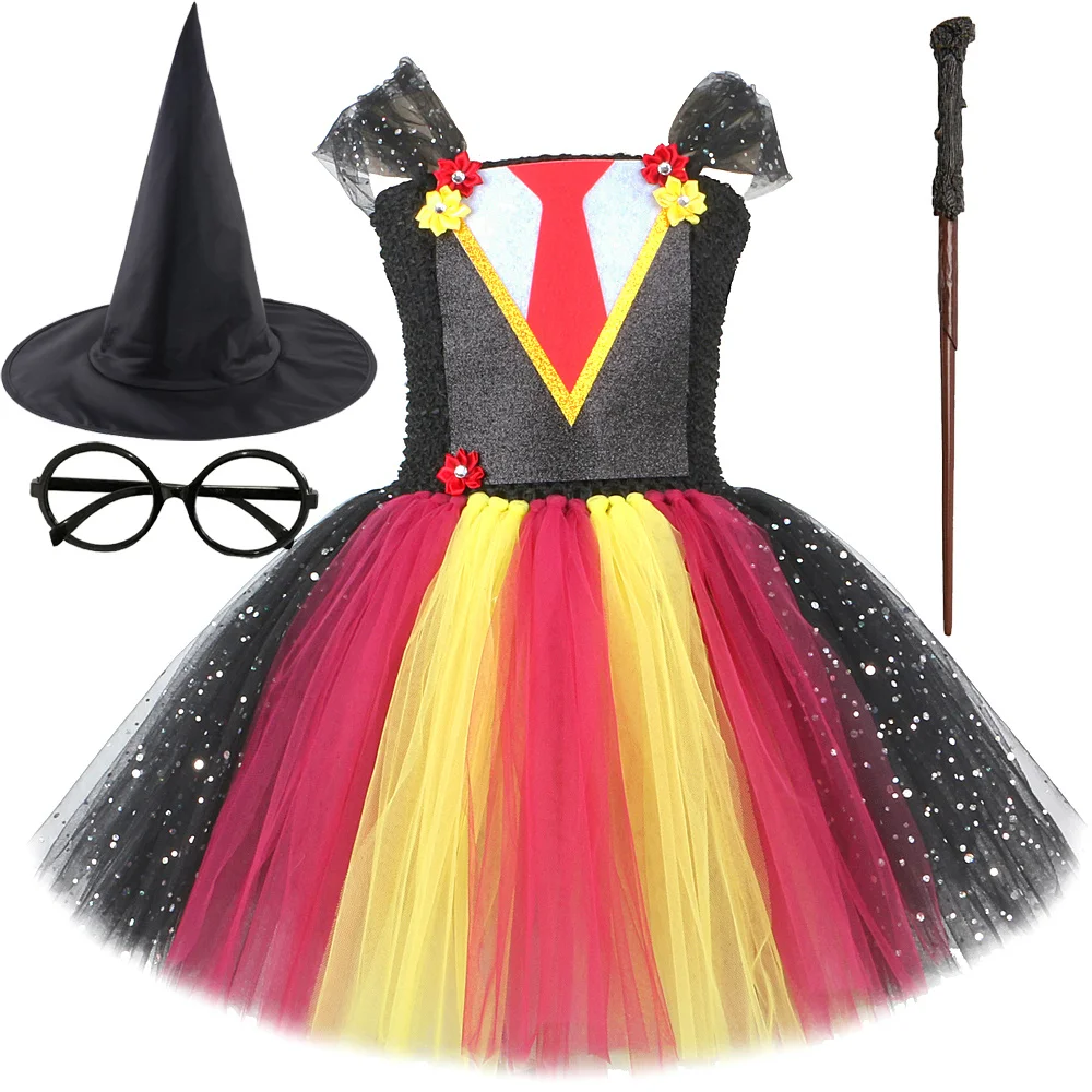 Sparkly Wizard Halloween Costumes for Girls Kids Witch Tutu Dress with Magic Wand School Girl Fancy Outfits Children Clothes Set