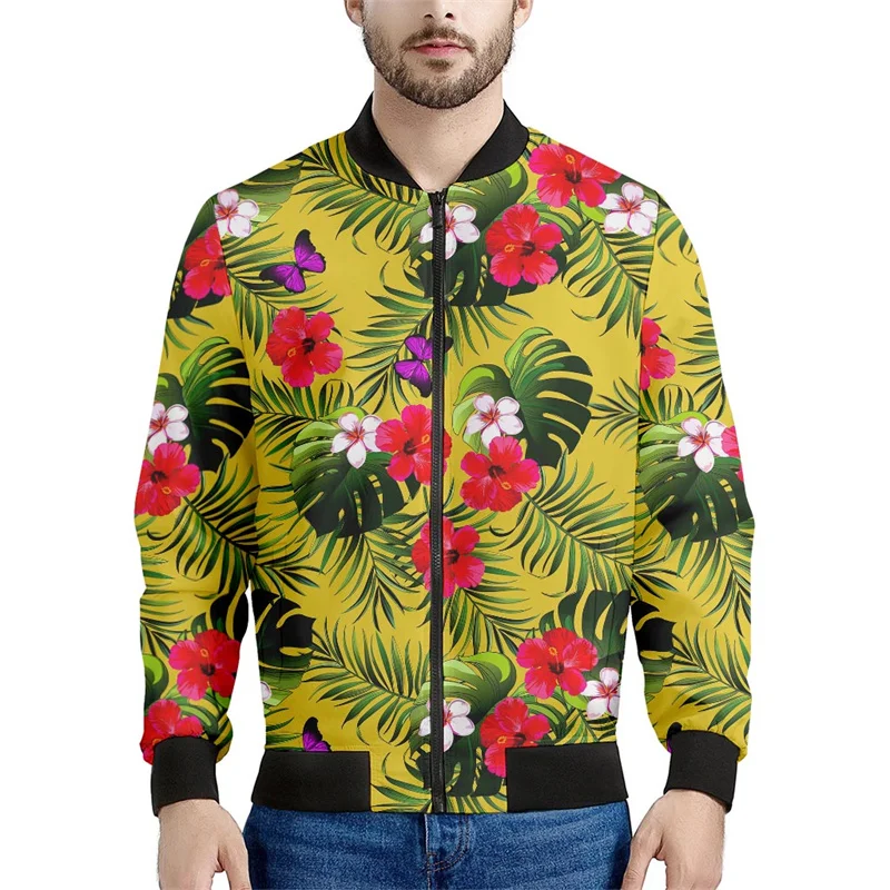 Hawaiian Flower Zipper Jacket For Men 3d Printed Tropic Plants Pattern Bomber Sweatshirts Tops Long Sleeve Oversized Coats