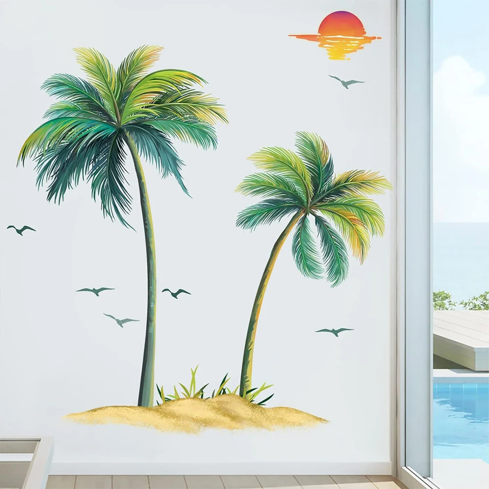 Tropical Palm Tree Wall Sticker Kids Room Kitchen Plant Bird Sun Wall Decal  Bedroom Living Room Home Decor