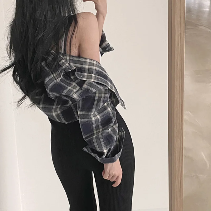 2025 Korean Early Autumn Retro Plaid Lapel Long Sleeve Short Shirt for Women Slim and Navel Top for Women