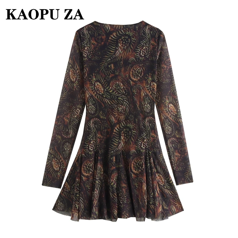 KAOPU ZA 2024 New Autumn Woman Casual Fashion O-Collar Long Sleeve Dress Mini Skirt Female Vintage Print Ruffles Ruched Dresses