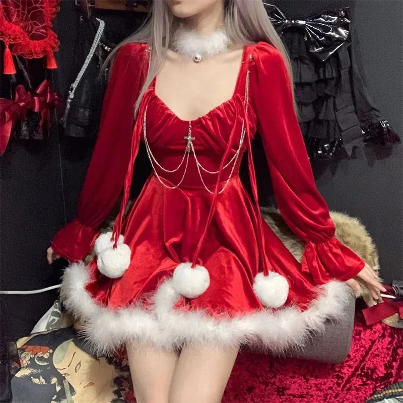 Vestido Punk Lolita de felpa con volantes y retales para niña, vestido con alas de manga larga, cosplay de Ángel de anime, uniforme de Navidad de Papá Noel, envío directo