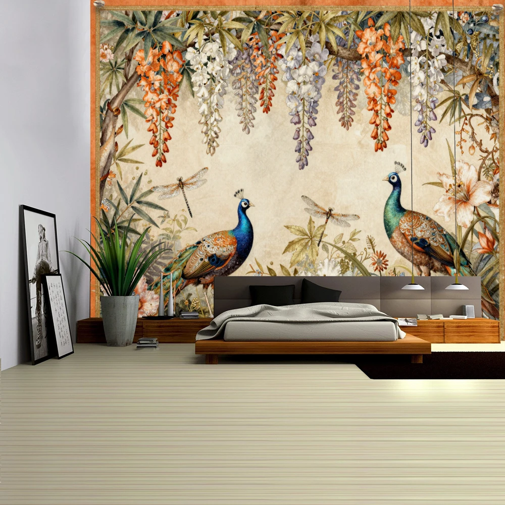 Flower Bird Peacock Pattern With Southeast Printed Tapestry Wall Hanging Simple Art Style Living Room Bedroom Home Decor