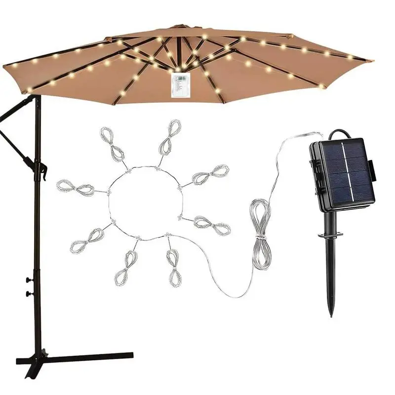 

Solar LED Lighted Patio Umbrella Water Resistant Solar Umbrella With 8 Light Modes Terrace Beach Umbrella Decoration For Garden