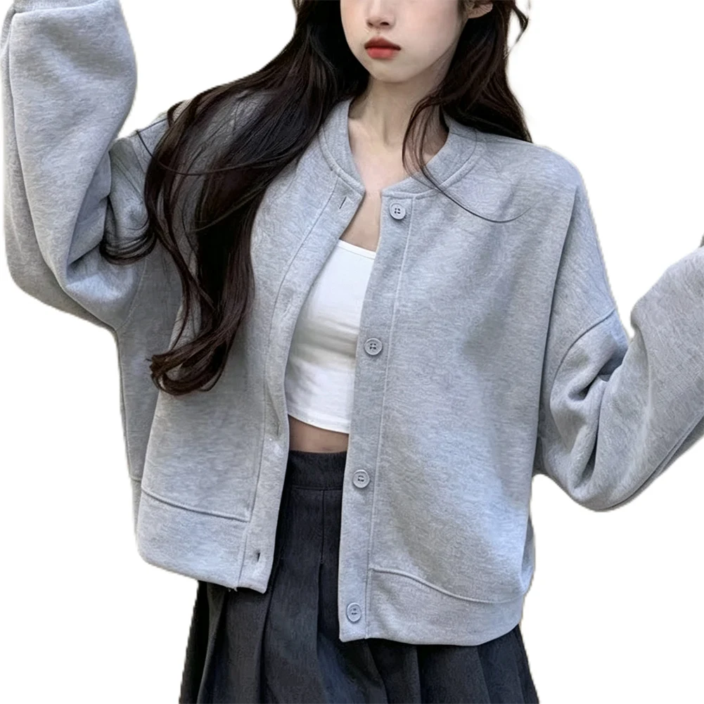 Solid Color Baseball Sweatshirt Coat For Crew Neck Relaxed Women Designed for Leisure Vacation and Outdoor Activities
