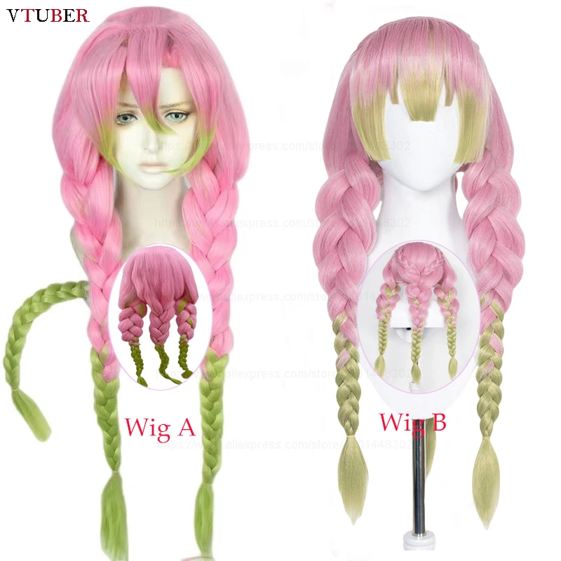 

2 Styles Kanroji Mitsuri Cosplay Wig Anime Mitsuri Kanroji Long Green Pink Braids Heat Resistant Synthetic Hair Wigs + Wig Cap