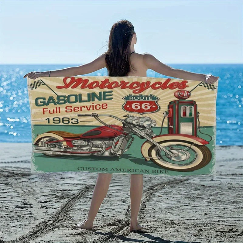 Beach Towel Vintage Route 66 Motorcycle Pattern Sun Protection Windproof Suitable for Swimming Pool Camping Travel Blanket