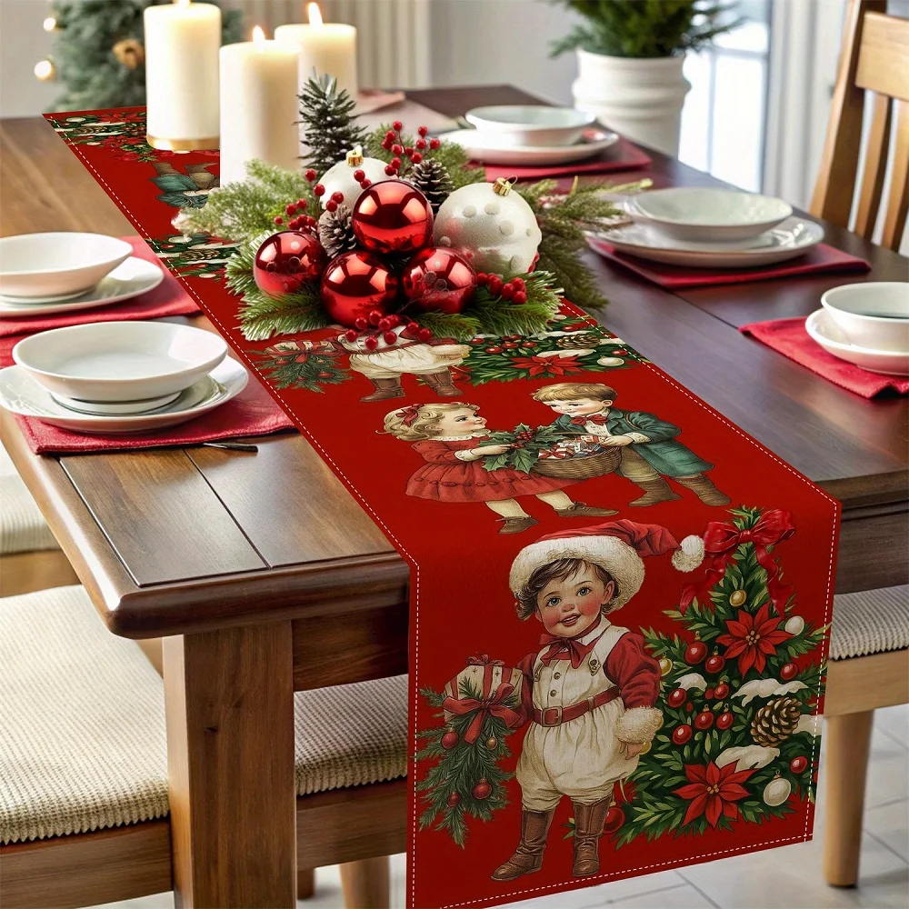 Christmas Tree Pine Branch Pattern Table Runner Dresser Scarves for Indoor Dining Table Holiday Party Decoration Kitchen Plates