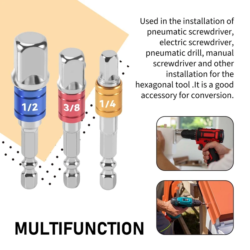 3PCS Socket Adapter Impact Set Hex Shank To 1/4 3/8 1/2 Inch Colorful Extension Converter Impact Drill Bits Driver Power Hand To image 6