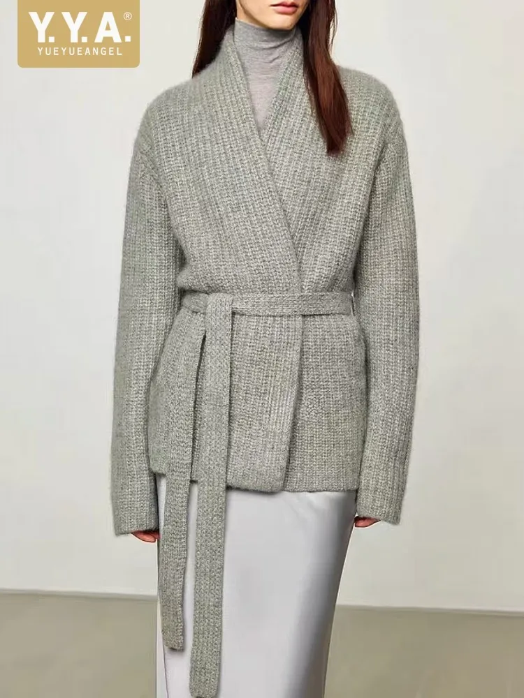 

Новый женский осенне-зимний повседневный кардиган с поясом, вязаный свободный крой, свитер с v-образным вырезом, пальто, уличная дизайнерская трикотажная одежда с длинными рукавами, топы