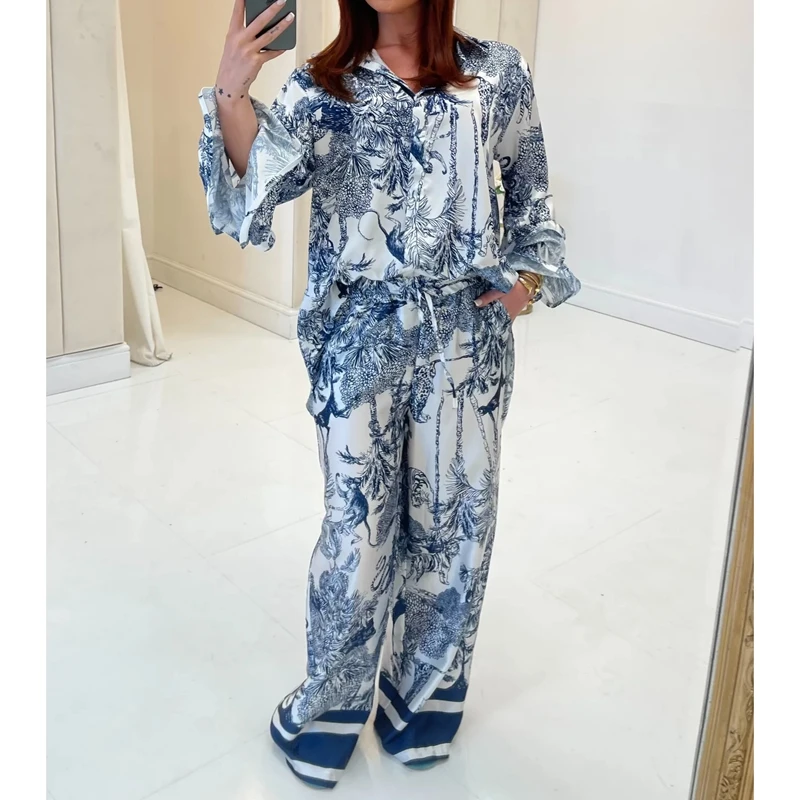 Combhasaki conjunto de roupas femininas de seda, 2 peças, estampa de árvore, babado, em camadas, manga comprida, camisa com botão + calças de cintura elástica