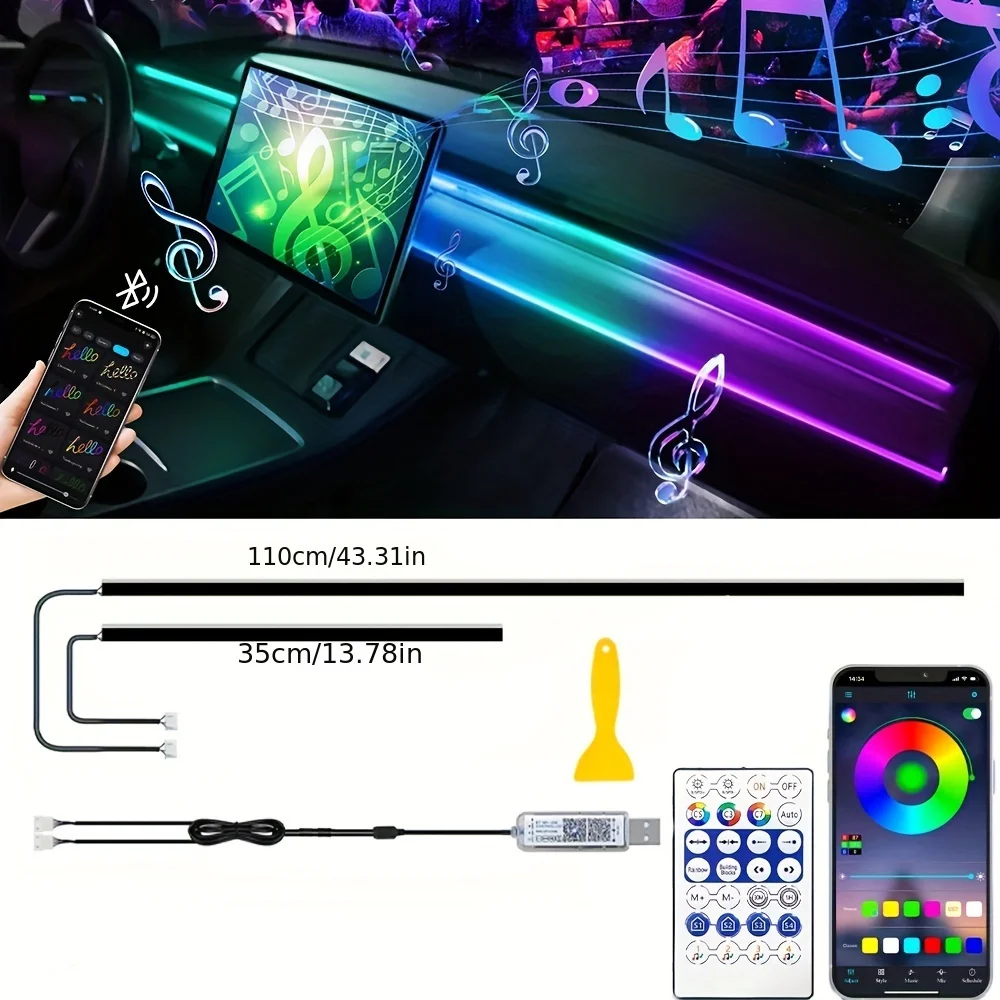 Dreamcolor Neon Acrylic Interior Car LED Strip Light with USB Fiber Optic Ambient Lighting Kit 16 Million Colors Sync to Music