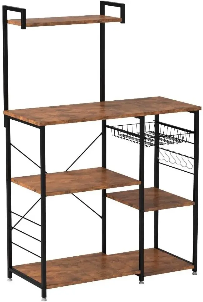 NIEUW Baker's Rack, Magnetronstandaard, Keukenopbergrek met Draadmand, 6 Haken en Planken, voor Kruiden, Potten en Pannen,